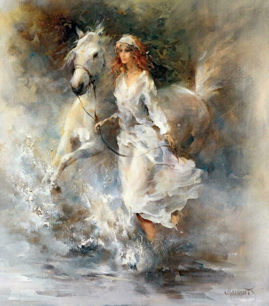 Алмазная мозаика 40x50 Нежная девушка с белой лошадью