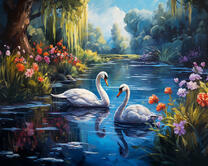 Два лебедя на лесном озере