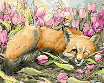 Хитрая лиса среди тюльпанов