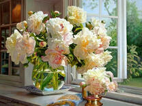 Без бренда «Ваза с букетом белых пионов у окна» в Вологде