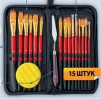 Без бренда «Коробка 50 шт.: Набор кистей для рисования в чехле, премиум набор (15 нейлоновых кистей, 1 мастихин) красные» в Вологде
