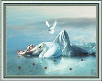 Девушка в белом, лебедь и голубь