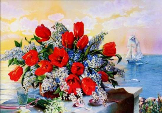 Картина по номерам 40x50 Букет из белой сирени и красных тюльпанов